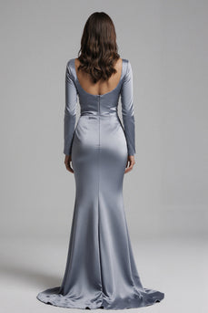 Dusty Blue Satin Long Mermaid Evening Dress with Sleeves