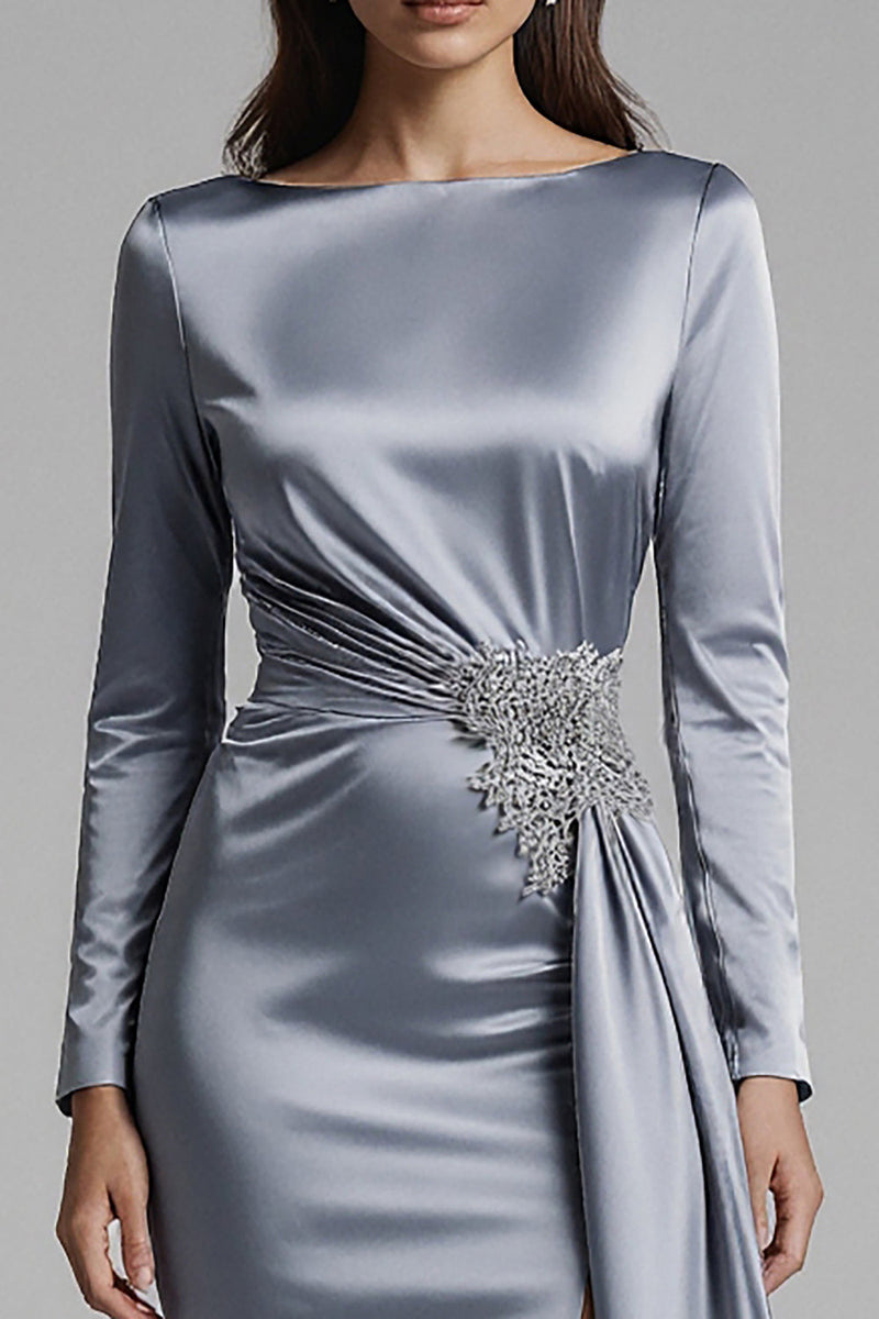 Load image into Gallery viewer, Dusty Blue Satin Long Mermaid Evening Dress with Sleeves
