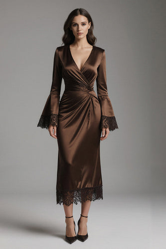 Coffee V-Neck Mermaid Long Evening Dress with Sleeves