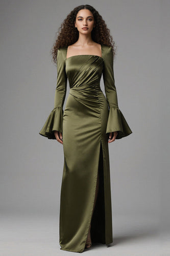 Olive Mermaid Satin Square Neck Long Evening Dress with Sleeves