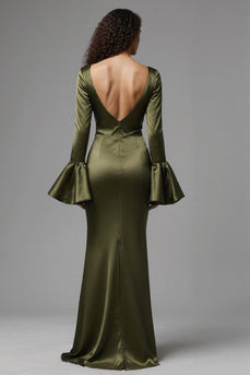 Olive Mermaid Satin Square Neck Long Evening Dress with Sleeves