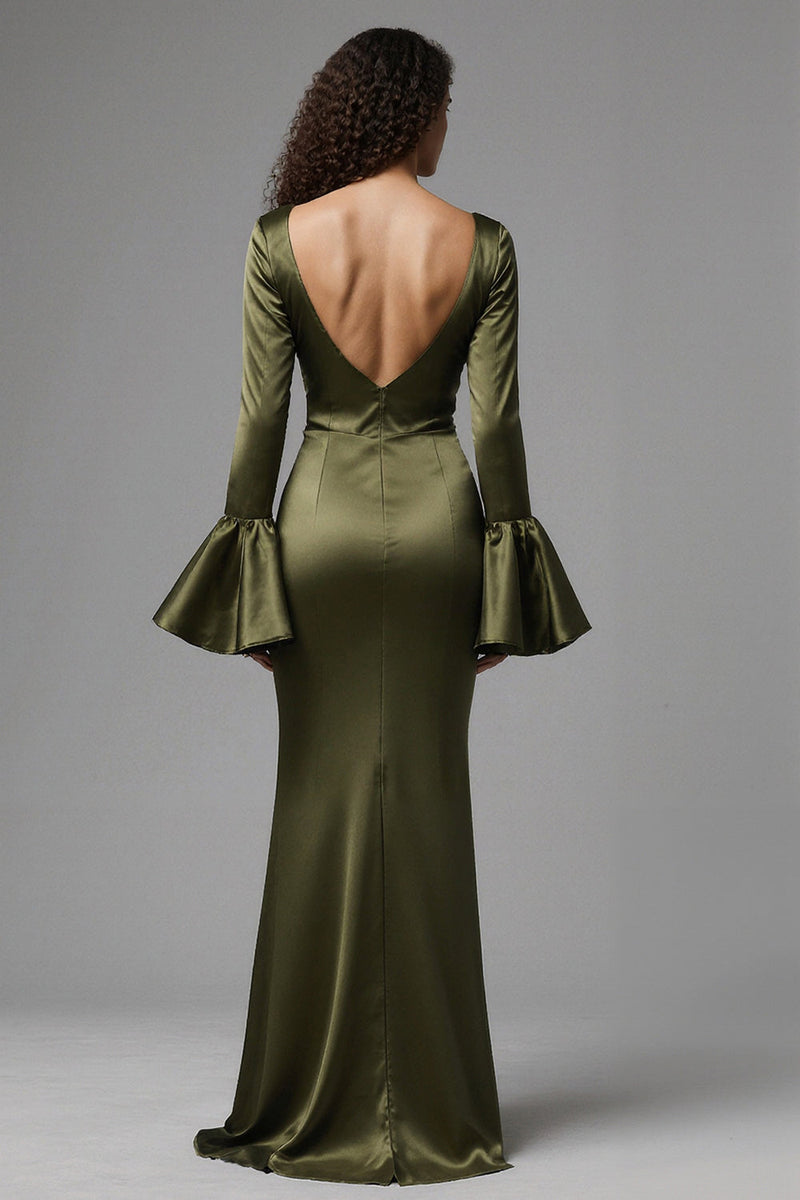 Load image into Gallery viewer, Olive Mermaid Satin Square Neck Long Evening Dress with Sleeves