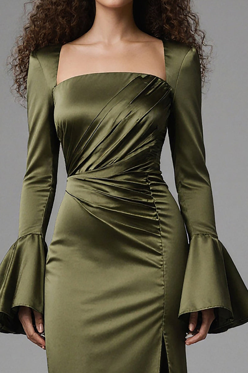 Load image into Gallery viewer, Olive Mermaid Satin Square Neck Long Evening Dress with Sleeves
