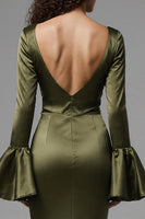 Load image into Gallery viewer, Olive Mermaid Satin Square Neck Long Evening Dress with Sleeves