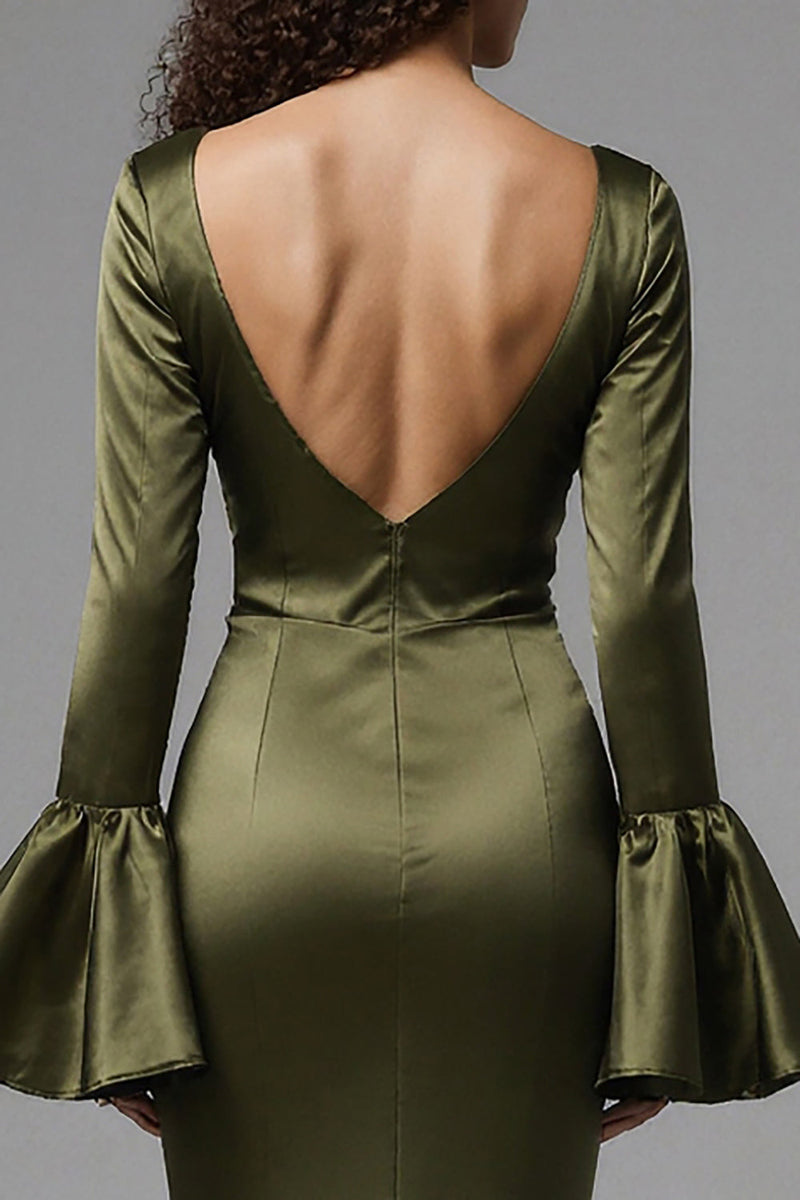Load image into Gallery viewer, Olive Mermaid Satin Square Neck Long Evening Dress with Sleeves