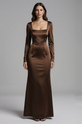 Coffee Satin Mermaid Square Neck Evening Dress with Sleeves