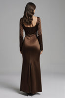 Load image into Gallery viewer, Coffee Satin Mermaid Square Neck Evening Dress with Sleeves