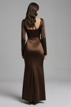 Coffee Satin Mermaid Square Neck Evening Dress with Sleeves