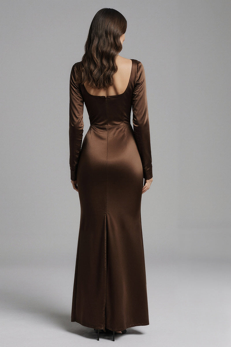 Load image into Gallery viewer, Coffee Satin Mermaid Square Neck Evening Dress with Sleeves