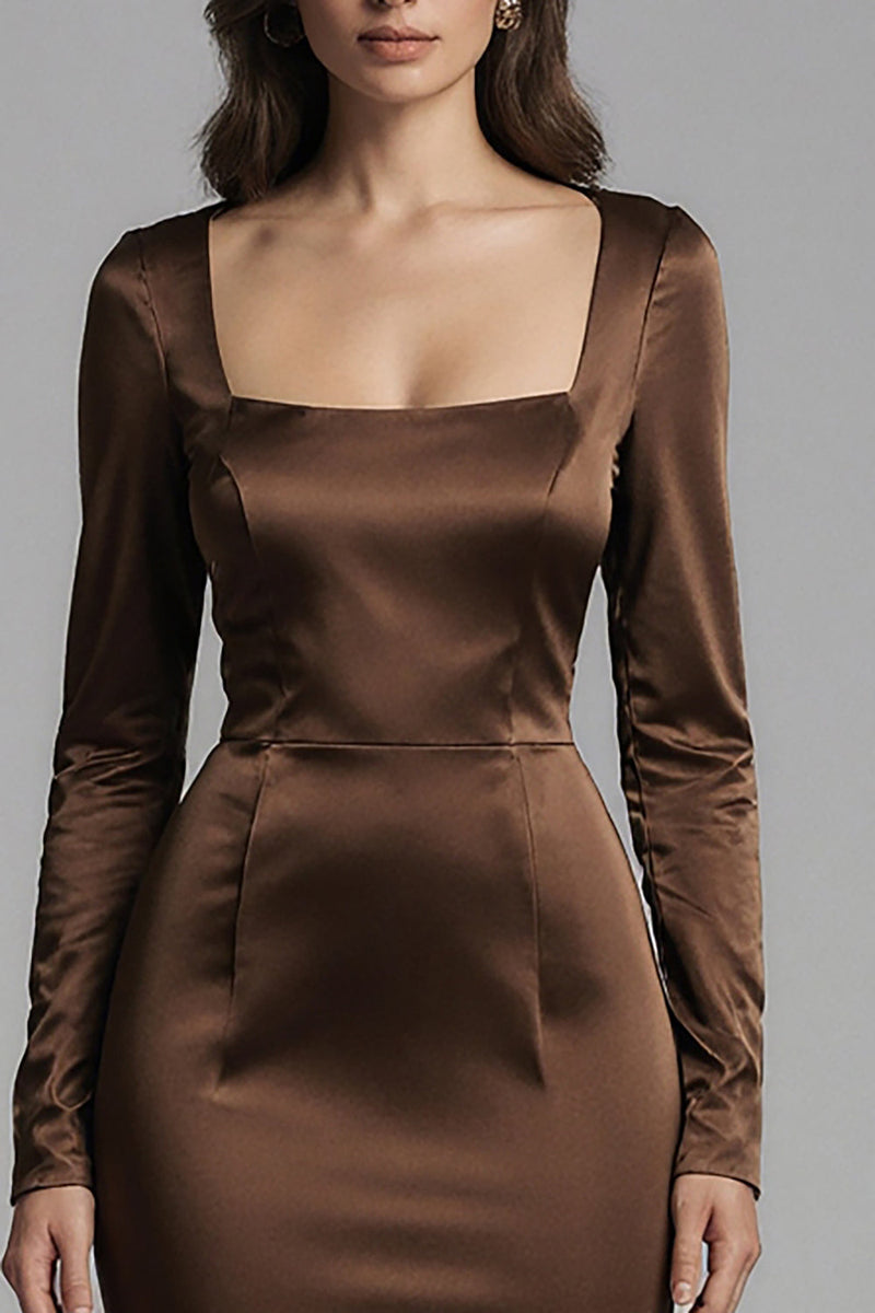 Load image into Gallery viewer, Coffee Satin Mermaid Square Neck Evening Dress with Sleeves