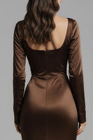 Load image into Gallery viewer, Coffee Satin Mermaid Square Neck Evening Dress with Sleeves