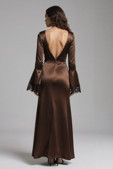 Coffee Satin Mermaid Backless Long Evening Dress with Slit