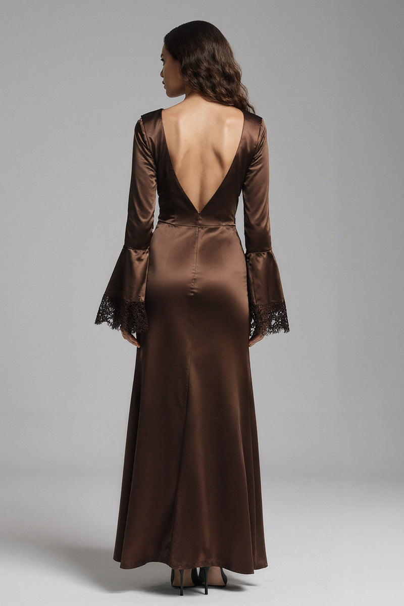 Load image into Gallery viewer, Coffee Satin Mermaid Backless Long Evening Dress with Slit