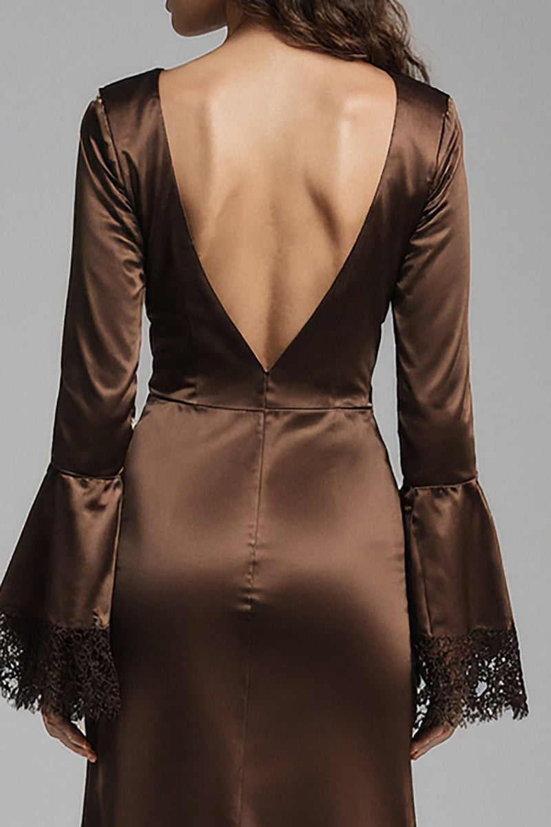 Load image into Gallery viewer, Coffee Satin Mermaid Backless Long Evening Dress with Slit