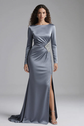 Sparkly Dusty Blue Mermaid Long Evening Dress with Sleeves