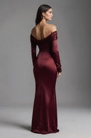 Load image into Gallery viewer, Burgundy Off the Shoulder Mermaid Long Evening Dress with Slit