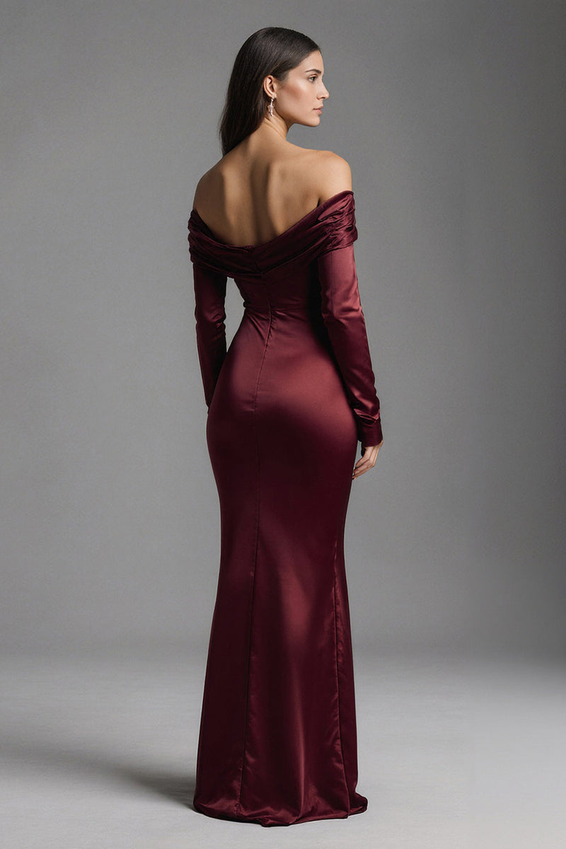 Load image into Gallery viewer, Burgundy Off the Shoulder Mermaid Long Evening Dress with Slit
