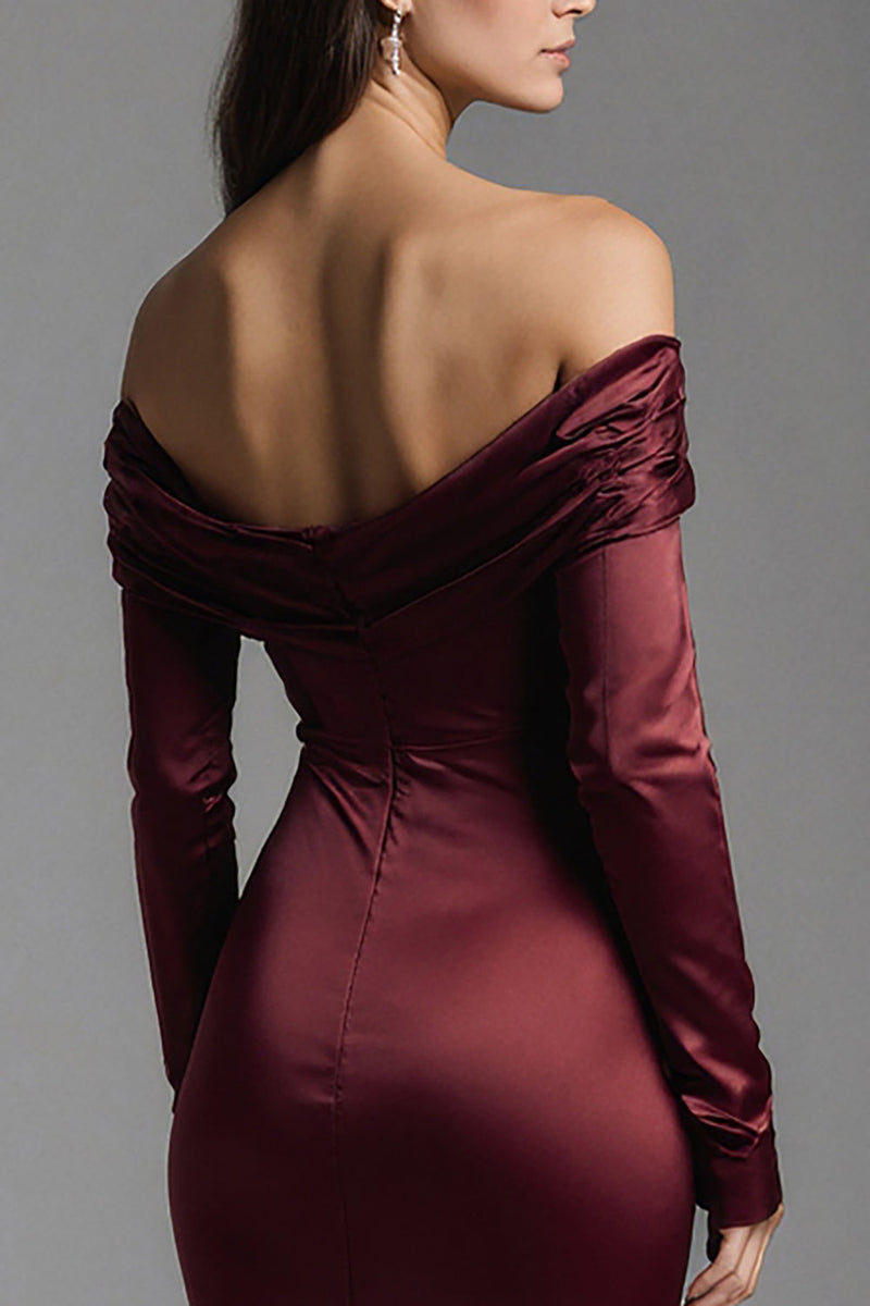 Load image into Gallery viewer, Burgundy Off the Shoulder Mermaid Long Evening Dress with Slit