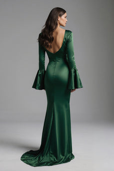 Dark Green Backless Mermaid Long Evening Dress with Sleeves