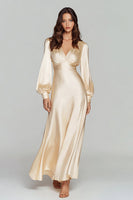 Load image into Gallery viewer, Champagne Satin Backless V-Neck Puff Sleeves Evening Dress