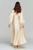 Load image into Gallery viewer, Champagne Satin Backless V-Neck Puff Sleeves Evening Dress