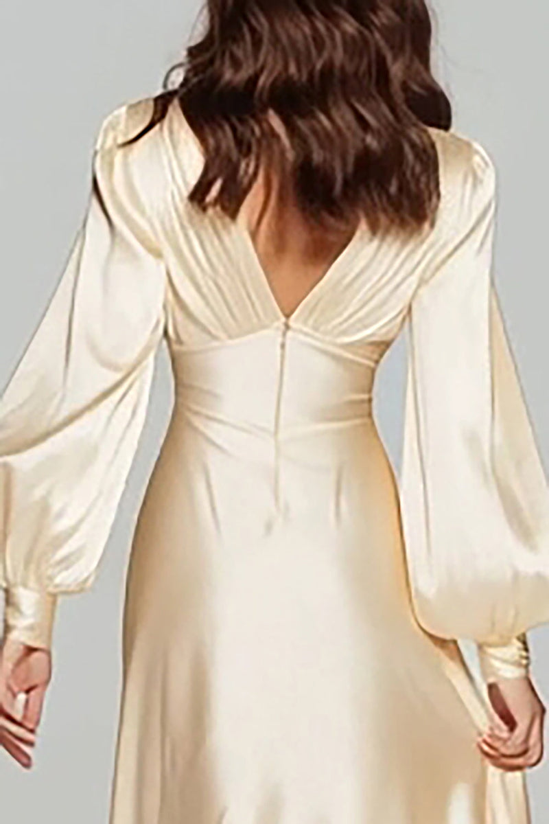 Load image into Gallery viewer, Champagne Satin Backless V-Neck Puff Sleeves Evening Dress