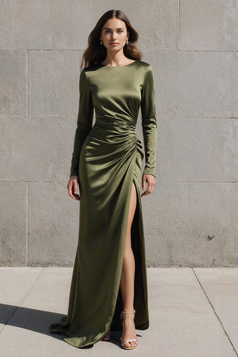 Olive Satin Mermaid Boat Neck Evening Dress with Slit