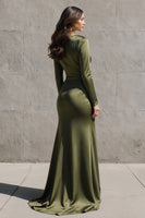 Load image into Gallery viewer, Olive Satin Mermaid Boat Neck Evening Dress with Slit