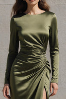 Load image into Gallery viewer, Olive Satin Mermaid Boat Neck Evening Dress with Slit