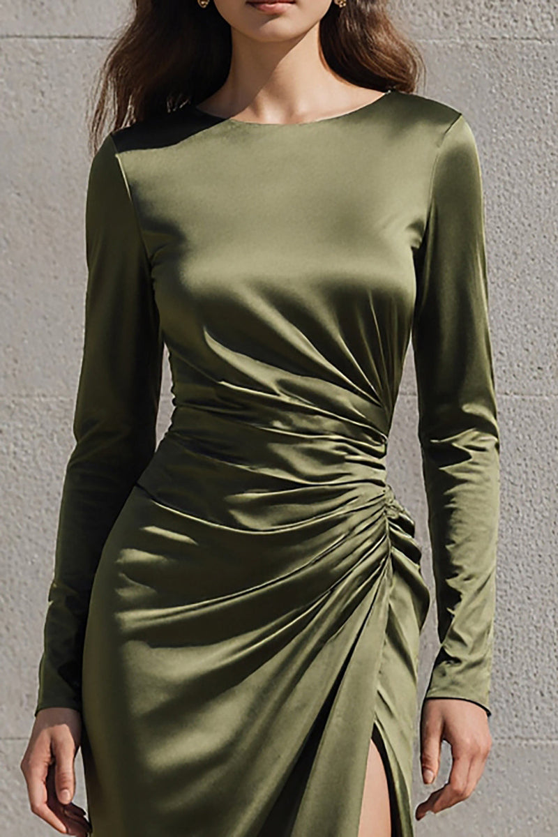 Load image into Gallery viewer, Olive Satin Mermaid Boat Neck Evening Dress with Slit