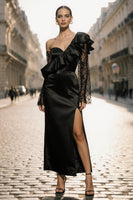 Load image into Gallery viewer, Black Satin One Shoulder Ruffled Long Evening Dress with Slit