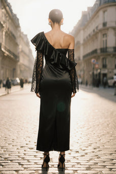 Black Satin One Shoulder Ruffled Long Evening Dress with Slit