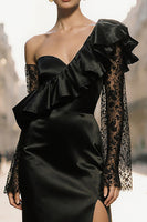 Load image into Gallery viewer, Black Satin One Shoulder Ruffled Long Evening Dress with Slit