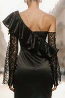Load image into Gallery viewer, Black Satin One Shoulder Ruffled Long Evening Dress with Slit