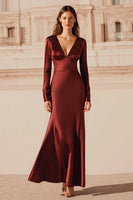 Load image into Gallery viewer, Burgundy Satin Mermaid Long Evening Dress with Sleeves