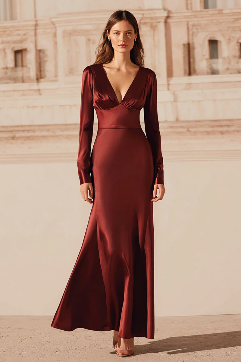 Load image into Gallery viewer, Burgundy Satin Mermaid Long Evening Dress with Sleeves