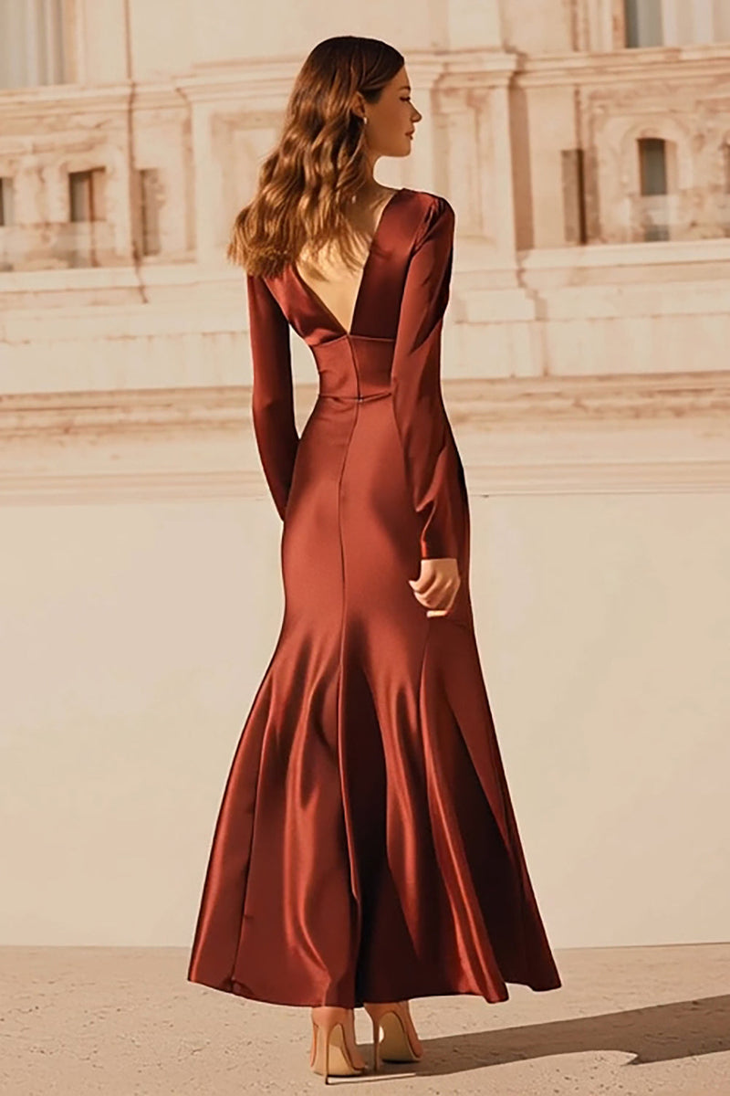 Load image into Gallery viewer, Burgundy Satin Mermaid Long Evening Dress with Sleeves