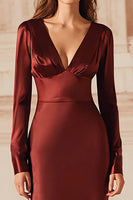 Load image into Gallery viewer, Burgundy Satin Mermaid Long Evening Dress with Sleeves