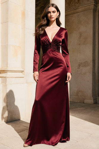 Burgundy Satin Mermaid V-Neck Long Evening Dress with Sleeves