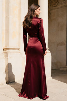 Burgundy Satin Mermaid V-Neck Long Evening Dress with Sleeves