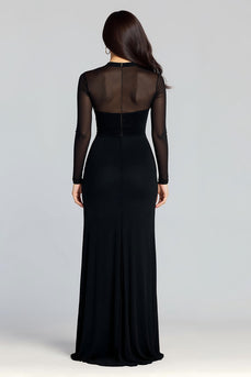 Sheath High Neck Illusion Black Tie Dress with Slit