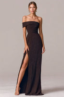 Load image into Gallery viewer, Coffee Asymmetrical Neck Long Sheath Formal Dress with Slit
