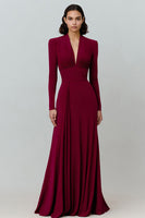 Load image into Gallery viewer, Burgundy Pleated V-Neck Formal Dress with Sleeves