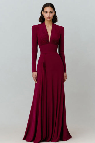 Burgundy Pleated V-Neck Formal Dress with Sleeves