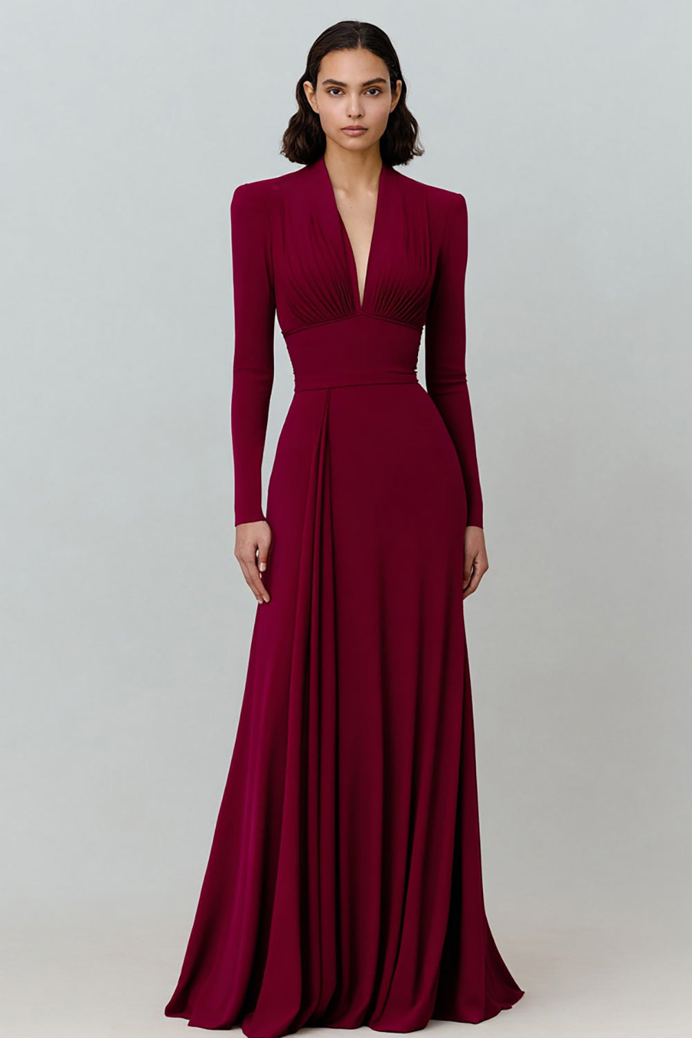 Burgundy Pleated V-Neck Formal Dress with Sleeves