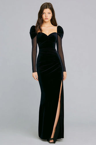 Black Velvet Long Mermaid Holiday Party Dress with Slit