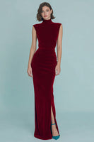 Load image into Gallery viewer, Burgundy Velvet High Neck Ruched Long Holiday Party Dress with Slit