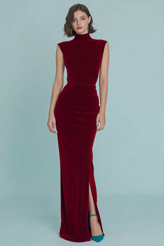 Burgundy Velvet High Neck Ruched Long Holiday Party Dress with Slit