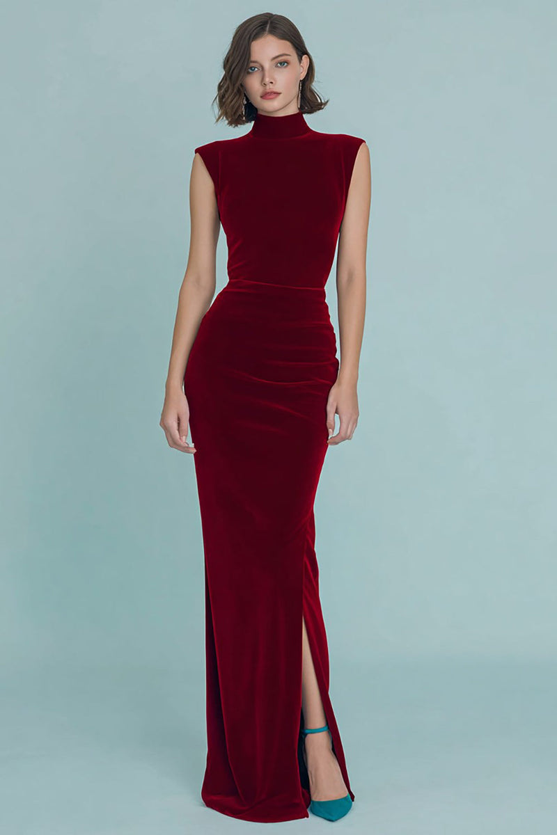 Load image into Gallery viewer, Burgundy Velvet High Neck Ruched Long Holiday Party Dress with Slit