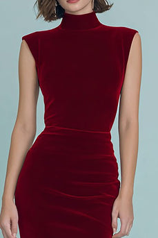 Burgundy Velvet High Neck Ruched Long Holiday Party Dress with Slit